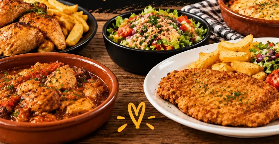 Comida casera para llevar: pollo con patatas, guiso en cazuela de barro, ensalada, escalope y lasaña